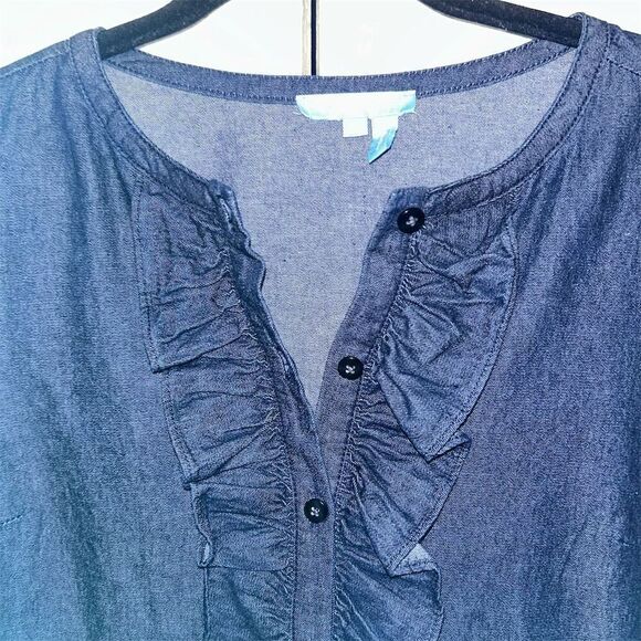Draper James Women's Blue Chambray Ruffle Shift Dress Size 2 - Picture 1 of 6